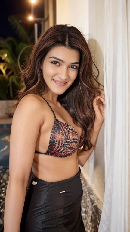 Front view of half body photo,selfie style, ultrarealistic ((hires half body close up photo)) of a 30-year-old krsa woman,(()), outdoors, looking at camera, (micro bikini showing clea navel), smiling, flowing hair, night time, room, dark theme , fleshy face and body, tall figure,(( cleavage,fleshy, (big cheeks)