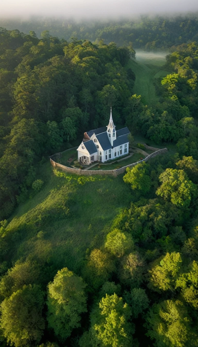 An aerial cinematic wide shot of Whippy County. Early morning mist hangs low over the picturesque landscape of rolling hills and dense forests. As the camera slowly zooms in, reveal a secluded, ancient convent nestled amidst the trees. The scene is bathed in soft natural light with long shadows, creating a blend of beauty and foreboding. A faint, eerie melody adds to the unsettling atmosphere.