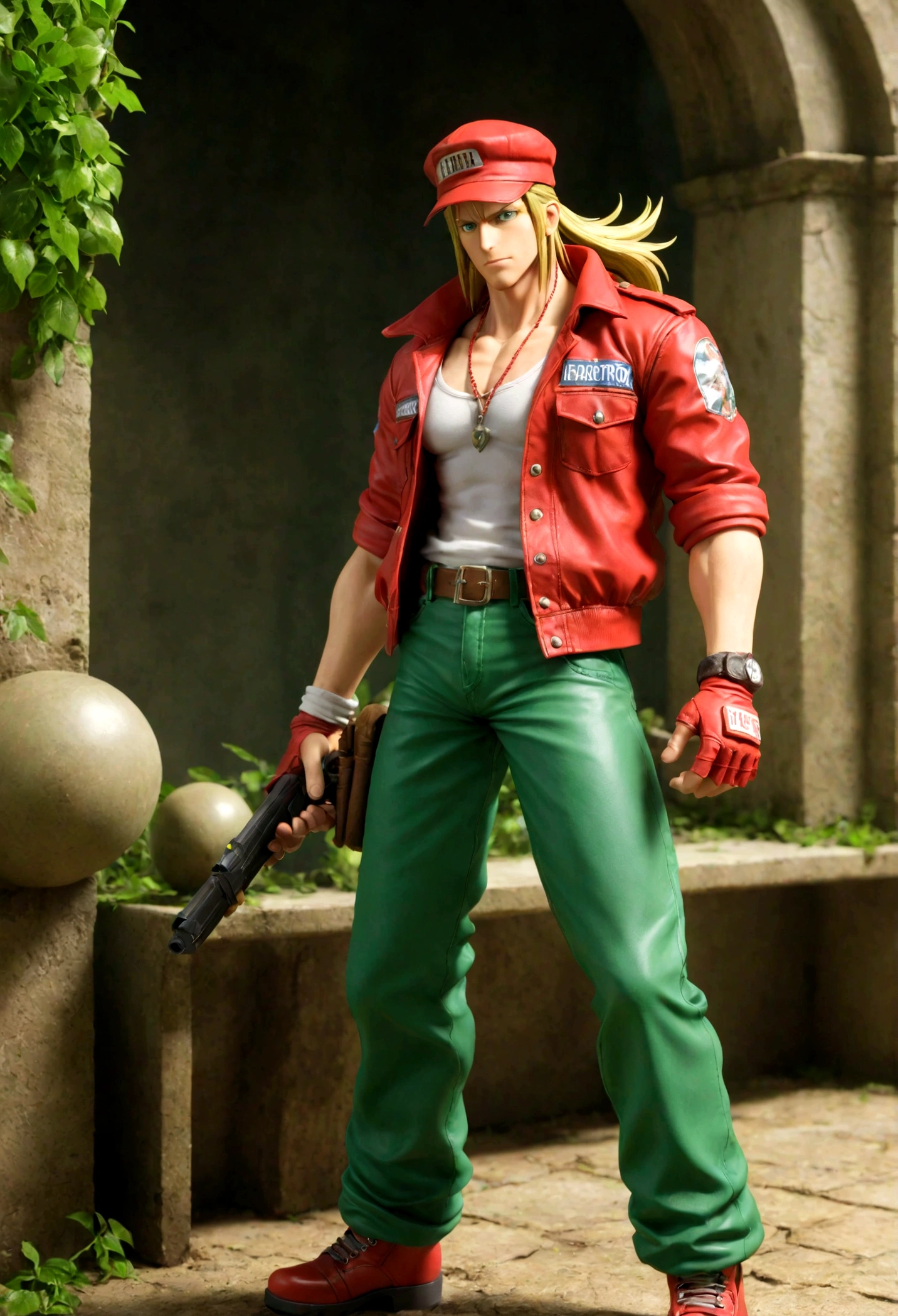 Terry Bogard com uma roupa de arqueiro verde