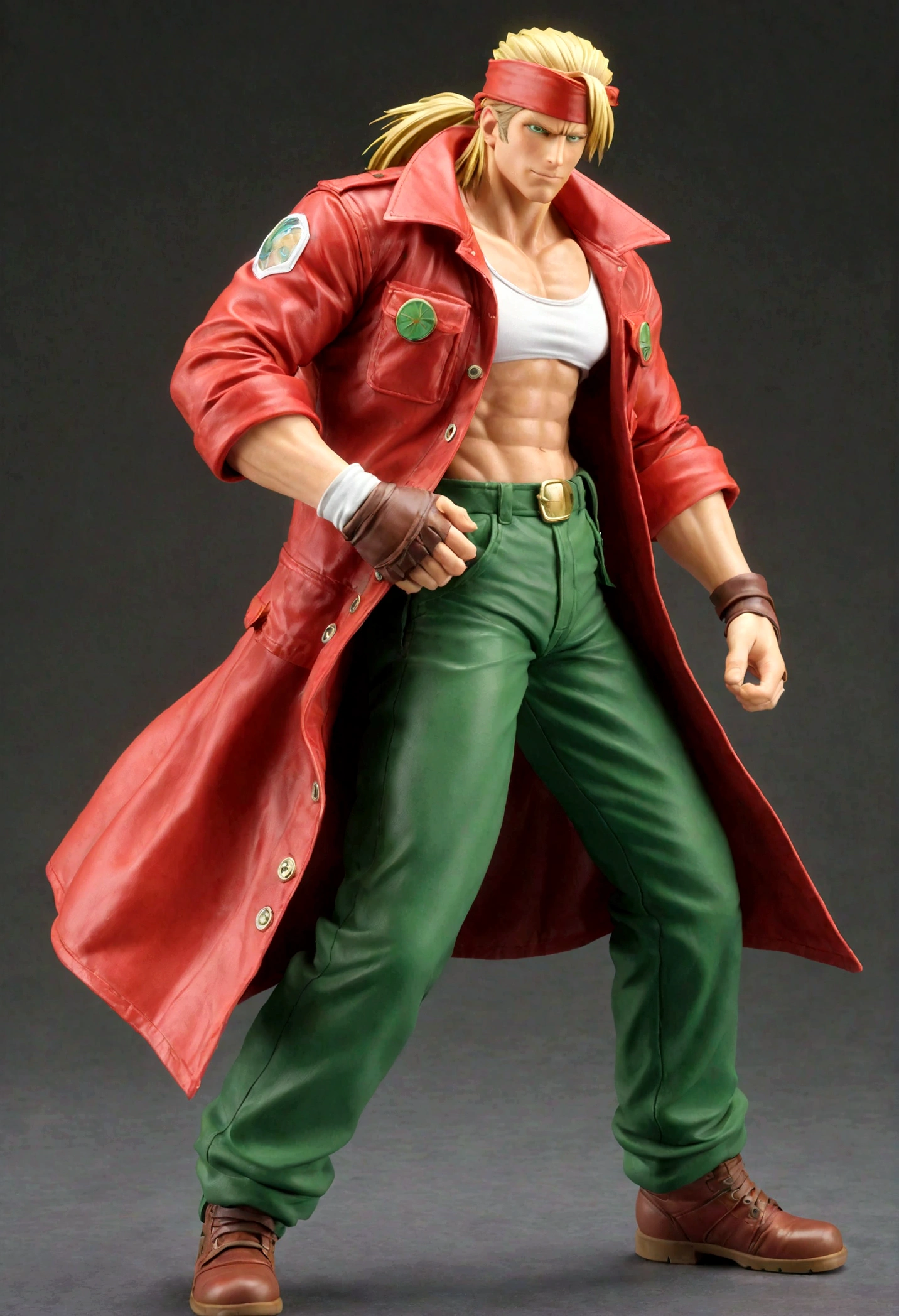 3d anime muscle boy aiming with a gun, with green hair and red jacket