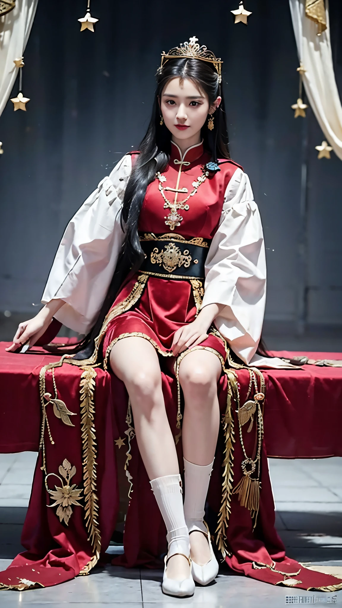 Wearing a star crown, flying colorfully，Wearing a red vestment。The shoes under your feet are full of embellishments，The precious belt around the waist is exquisite。A pair of Najin Lingbo socks，Half exposed skirt with embroidered velvet。Holding the Ruyi Golden Hook，The Jinzunli pole is as long as a python