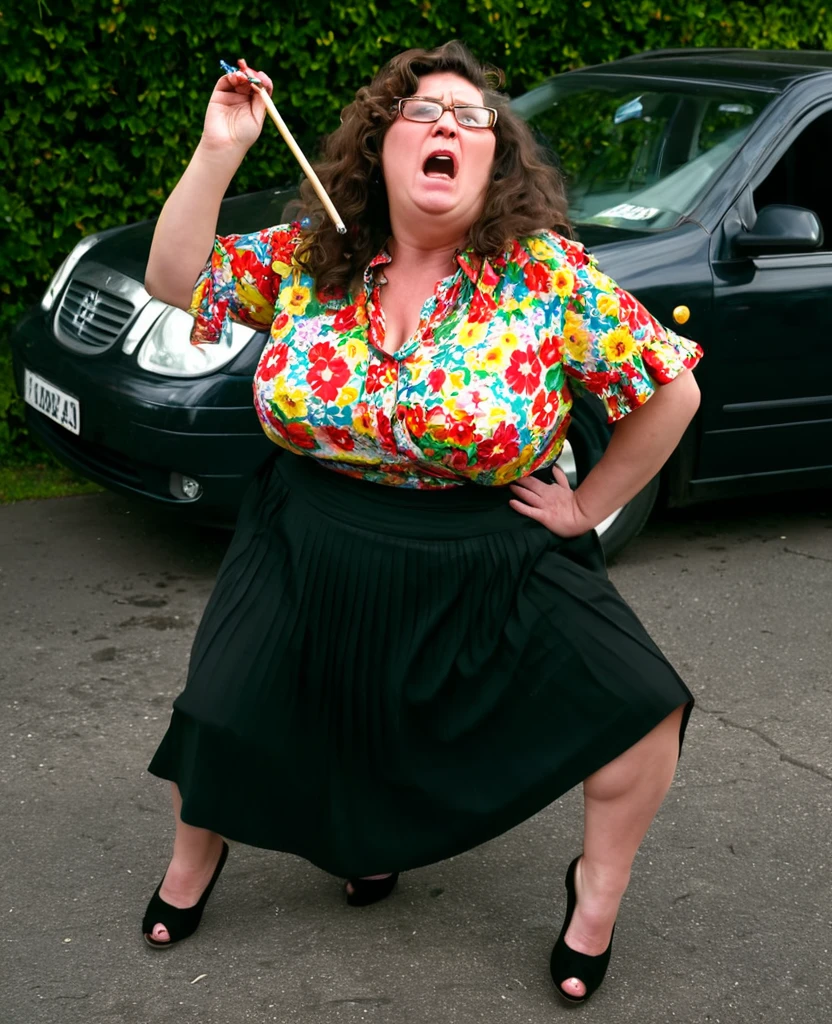 cane spanking, holding cane fat, obese, flabby woman, forty years old, wearing a colorful flowery blouse with buttons half open with flowers, she is crying with her eyes on her feet, she is wearing a long black skirt, her face is marked by slaps and her torso is burned by a cigarette, her long brown hair, messy curls, crazy, big old glasses, she crashed the family car, they are harassing her, while her arrogant husband asks her for explanations while grabbing her by the neck and pulling her hair hard. she screams in pain