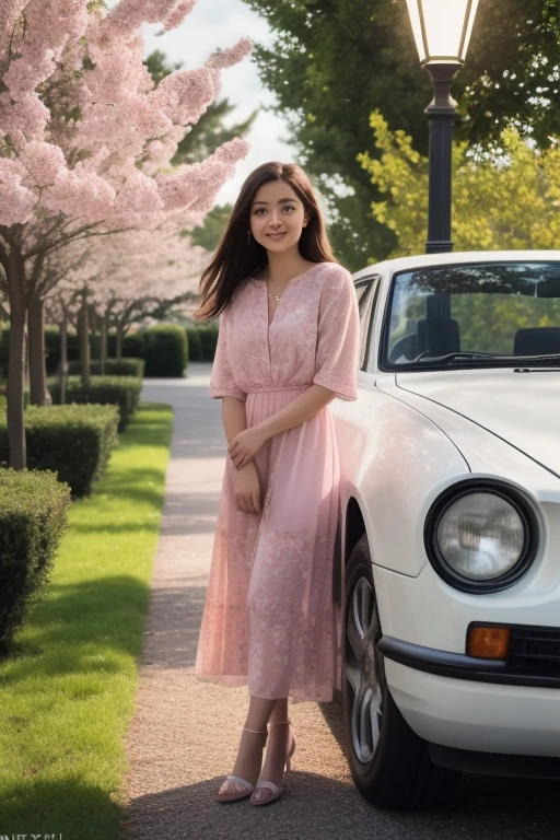 (best quality, masterpiece),1girl, solo, looking at viewer, smile, brown hair, outdoors, brown eyes, lips, night, ground vehicle, portrait, standing in pink flowers park, realistic, car, lamppost , 8k uhd, dslr, soft lighting, high quality, film grain, Fujifilm XT3
