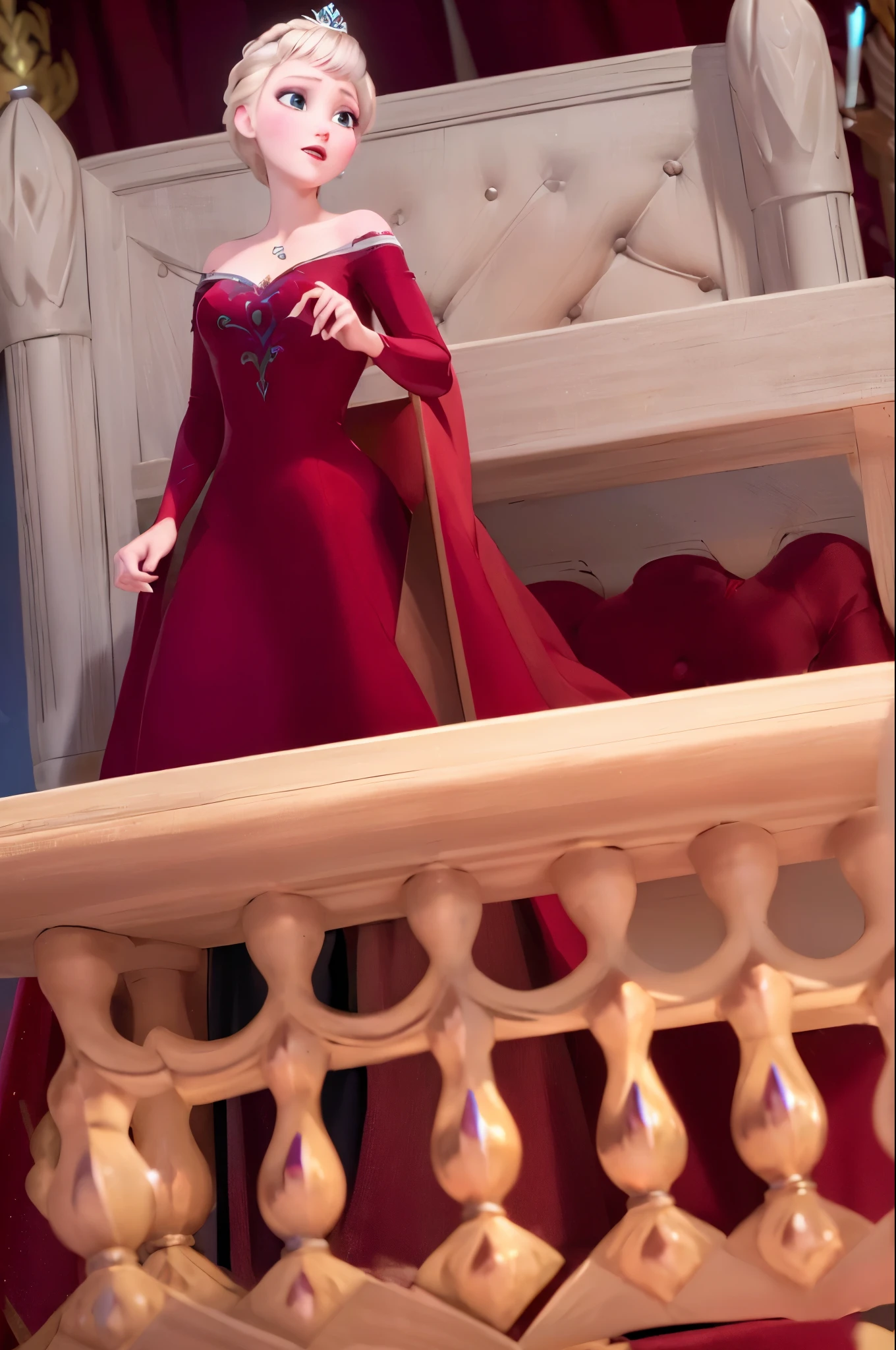 (masterpiece:1.4), (best qualit:1.4), (high resolution:1.4), 
Elsa of arendelle, dark red dress, updo, coronation, queen dress, tiara, throne 