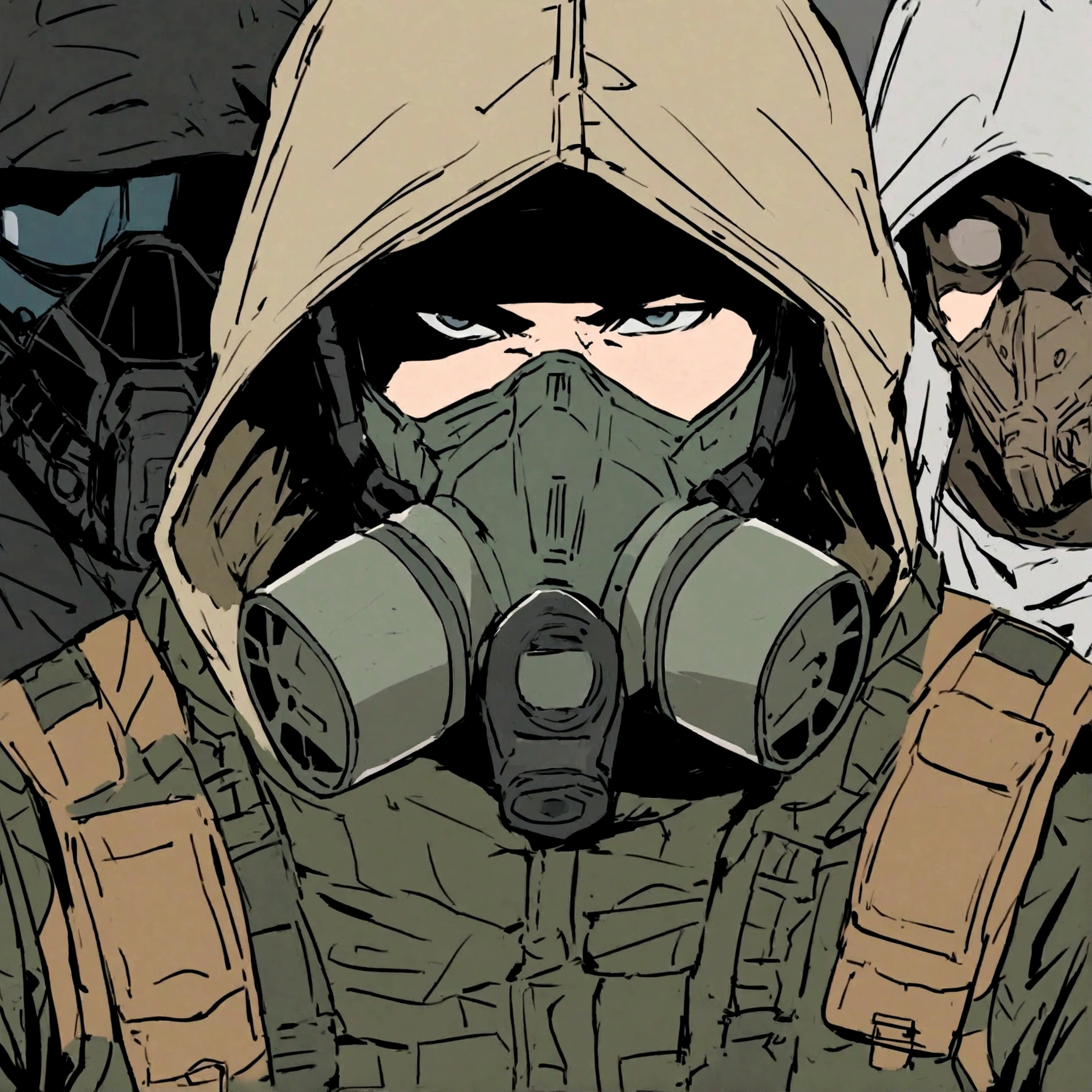 Male soldier, S.T.A.L.K.E.R style, Male, post apocalyptic. camouflage parka, hood on, white gas-mask with cheek filter, tactical vest, Rugged jeans, tactical soldier, Mercenary, post apocalyptic, hidden face, soldier, Gorka 3 parka, Portrait, upperbody, male soldier, gas-mask