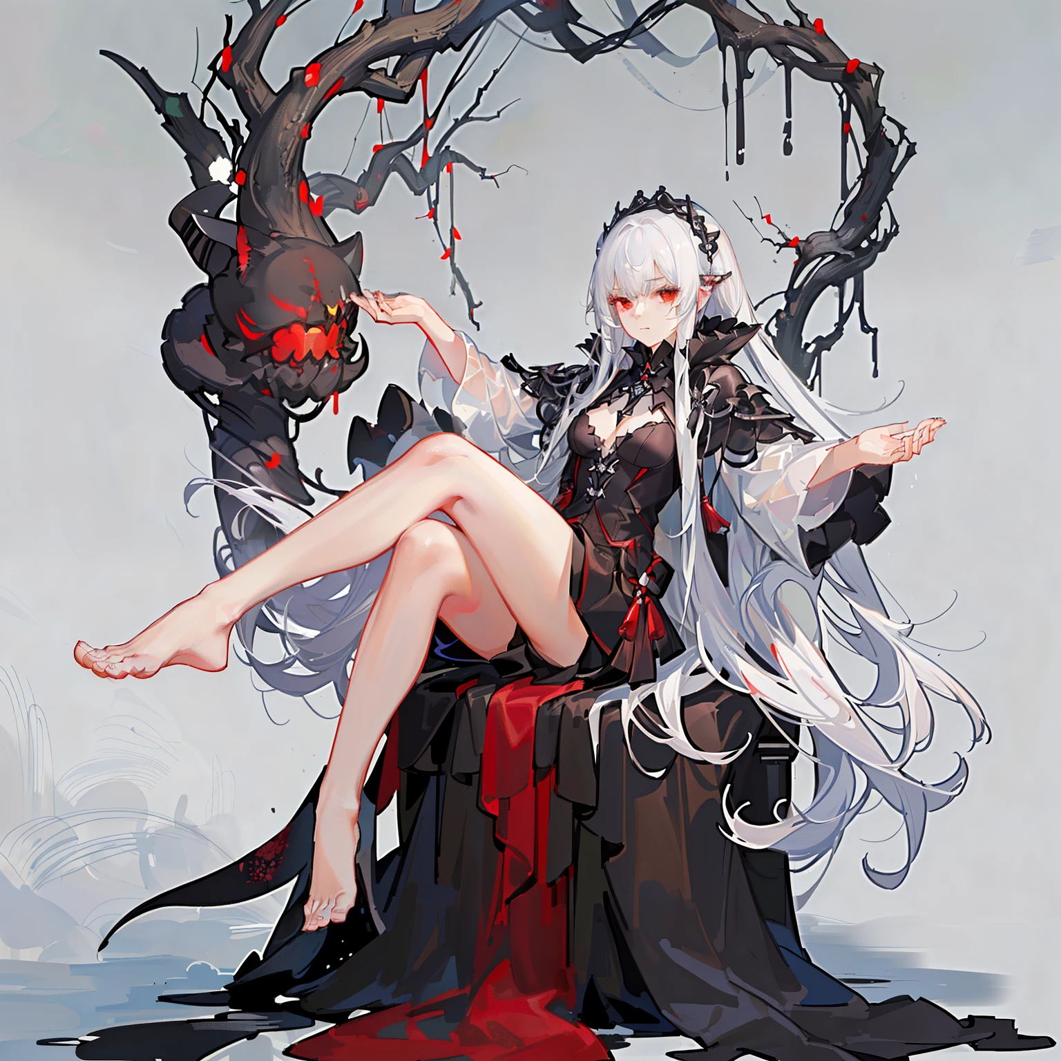 girl,Solitary,masterpiece,best quality,white hair,Red Eyes,Black,dark,shadow,douchebag,Overlooking,黑色的shadow,Black viscous liquid,gloomy,Dark,stable,barefoot,Beautiful legs and feet,Black slime,cloak,Tentacles,girl,masterpiece, best quality, best quality,amazing,美丽的Red Eyes,fine details,Depth of Field,Extremely detailed CG 8k wallpaper, masterpiece,((( white hair))),leader,(Dark mist),{Flowing hair},{Character Close-up},(((whole body))),Smooth face、Perfect details,