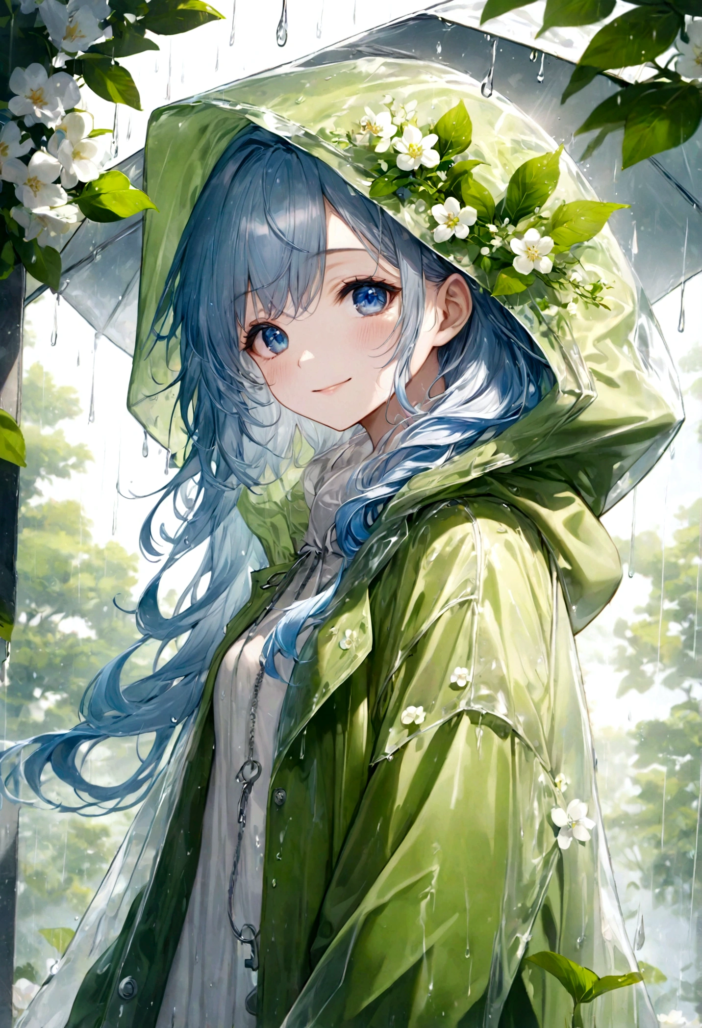 ((top-quality)), ((​masterpiece)), ((ultra-detailliert)), (extremely delicate and beautiful), beautiful woman, bright light blue hair, long wavy hair, sapphire blue eyes, wearing a spring green raincoat, raincoat has a hood, raincoat hood is translucent, raincoat hood has embedded leaves, raincoat hood has embedded delicate white flowers, raincoat is sheer, hair is within the hood, graceful smile, sweet smile, relaxed expression, fair complexion, rainy spring background