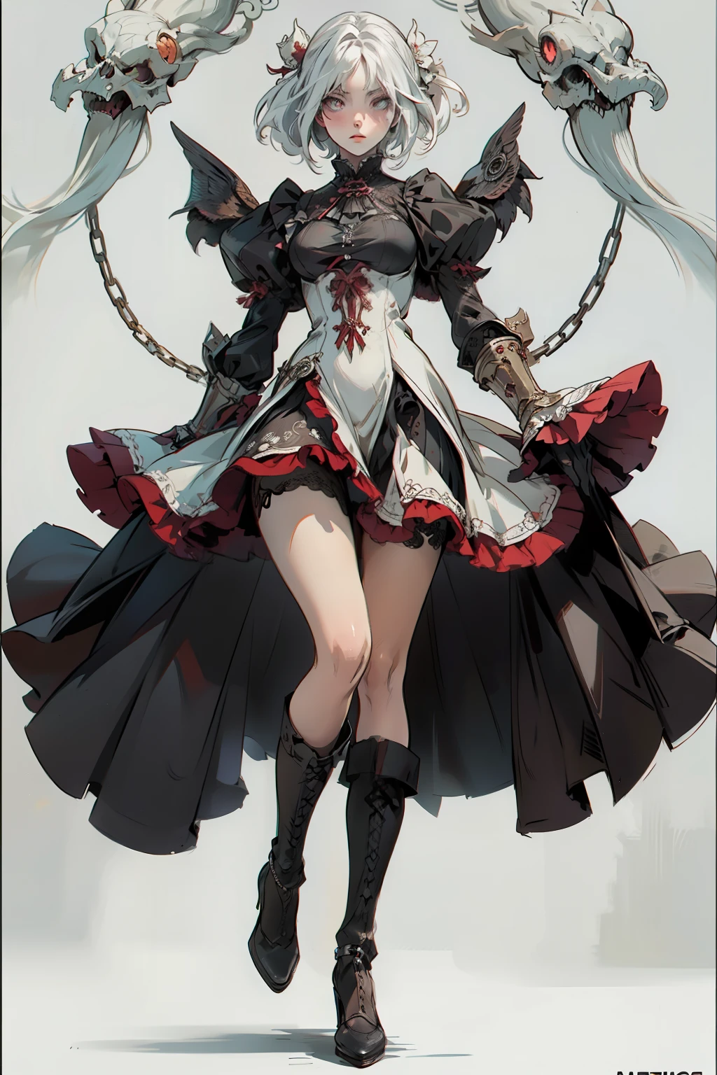 ((best quality)), ((masterpiece)), (detailed), a penitent female, blank white background, plain background, white background, red and white clothing, Bloodborne aesthetic, occult aesthetic, occult, occult paraphernalia, detailed and intricate steampunk and detailed gothic, NSFW, Very dramatic and cinematic lighting, cosmic horror, grim-dark, side-lighting, perfect face, NSFW, Fluttering lace flared dress with frilly petticoats, pleated petticoats, petticoats, complex lace boots, side-lighting, gothic aesthetic, chains, mechanical components, carbine, NSFW, beautiful small breasts, small breasts, full body, whole body, body, plain background, white background, blank background, no background, white background NSFW, full body, whole body, head-to-toe dynamic poses NSFW