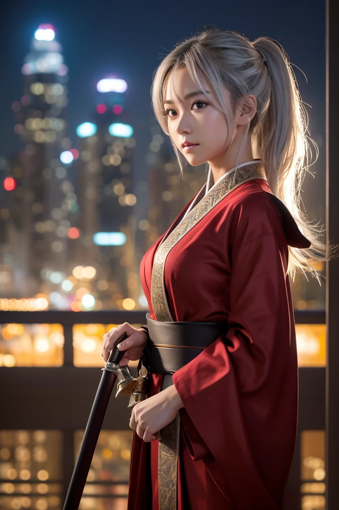 highest quality、8k Masterpiece、超A high resolution、(Photorealistic:1.3)、RAW Photos、1 girl、Long, shiny silver-white hair、Glowing Skin、samurai、Ninja、((Ultra-Realistic Details))、Portrait、Global Illumination、Shadow、Octane Rendering、8k、Super sharp、Beautiful breasts、Metal、Cold colors、、Very intricate details、Realistic Light、CGSoation Trend、Beautiful Eyes、Shining Eyes、To the camera、Neon Details、20age、Too beautiful face、Intelligence、Obscene、sexy、Moe、Rin、whole body、Healthy Body、Manhattan at night in the background、Helipad on a high-rise building、love、Charm、mischievous、未来的な真っ白なbattle服、Wearing a red robe、Japanese sword、Jedi Knight、battle、Overbearing、Realistic photos、Realistic facial features、Hair blowing in the wind