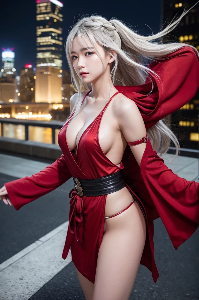 highest quality、8k Masterpiece、超A high resolution、(Photorealistic:1.3)、RAW Photos、1 girl、Long, shiny silver-white hair、Glowing Skin、samurai、Ninja、((Ultra-Realistic Details))、Portrait、Global Illumination、Shadow、Octane Rendering、8k、Super sharp、Beautiful breasts、Metal、Cold colors、、Very intricate details、Realistic Light、CGSoation Trend、Beautiful Eyes、Shining Eyes、To the camera、Neon Details、20age、Too beautiful face、Intelligence、Obscene、sexy、Moe、Rin、whole body、Healthy Body、Manhattan at night in the background、Helipad on a high-rise building、love、Charm、mischievous、未来的な真っ白なbattle服、Wearing a red robe、Japanese sword、Jedi Knight、battle、Overbearing、Realistic photos、Realistic facial features、Hair blowing in the wind