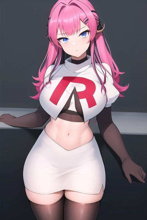 absurdres, best quality, androgynous, solo, looking at viewer,eye focus, TachibanaHinano, (short hair:0.75), medium breasts, (split-color hair), blue eyes, hairclip, (messy hair:1), choker, (earrings:0.1), (sidelocks)
BREAK
pink hair, (swept bangs:0.25), sidelocks
BREAK
(blunt bangs:1), (sidelocks:1.5), team rocket,team rocket uniform,white skirt,red letter R,crop top,black thigh-highs,black elbow gloves