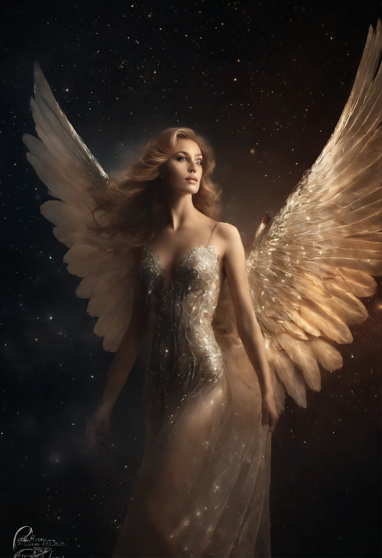 Cosmic Fallen Angel, olhos claros brilhantes, Biomechanics, estranho, Repugnante, de pesadelo, Cores muito brilhantes, light particles, com luz brilhando, Mshiff, arte de papel de parede, Papel de parede UHD
