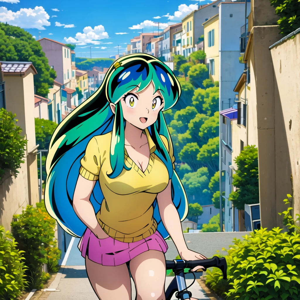 (masterpiece, best quality:1.2), 1girl, solo, Urusei Yatsura rides a bicycle on a downhill road in Matera. Blurred foreground. High detailed houses, sassi_di_matera.