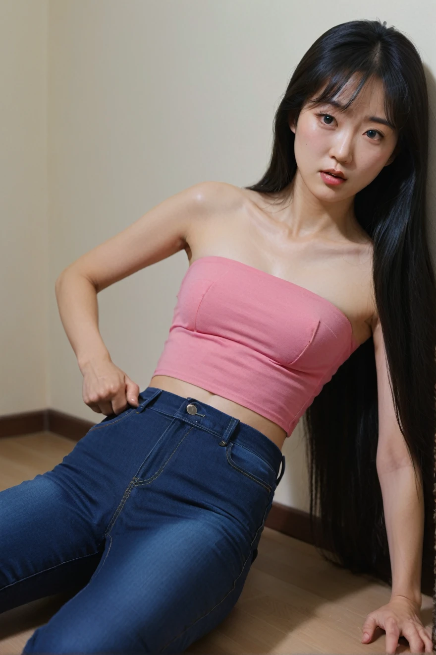 close-up of beautiful South Korean female, very long hair, black hair, straight hair, thick flat bangs cut, bust size 34 inches, wearing a tight pink strapless tube top, wearing tight dark blue very short pants, my hair being held by a male kidnapper, then my hair was forcibly cut short by the kidnapper vigorously, the rest of my hair scattered on the floor, sexy pose, naughty pose, at a male-only kidnapper’s bedroom, UHD
