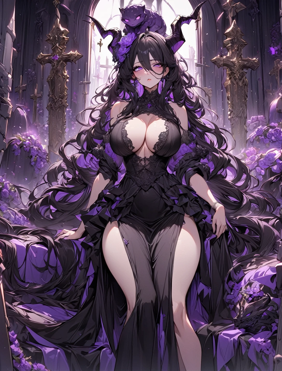 Masterpiece, very detailed, ultra detailed, one, (1 woman), she is in a black detailed Gothic dress, and in an elegant position, super mature, tall, milf style, mature mother, super long hair, black hair, super black hair and purple flower on the head, black demonic horns, beautiful, charming, bright purple reptile eyes, reptile purple eyes, super purple eyes, bright eyes, elegant, big breasts (huge), neutral face, cold face, charming, against the background of crosses and coffins, valins.