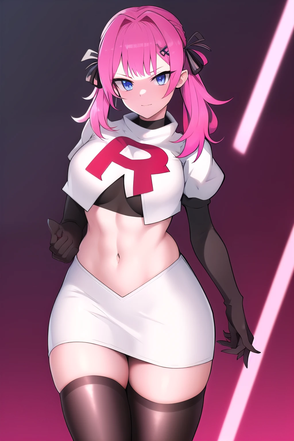 absurdres, best quality, androgynous, solo, looking at viewer,eye focus, TachibanaHinano, (short hair:0.75), medium breasts, (split-color hair), blue eyes, hairclip, (messy hair:1), choker, (earrings:0.1), (sidelocks)
BREAK
pink hair, (swept bangs:0.25), sidelocks
BREAK
(blunt bangs:1), (sidelocks:1.5), team rocket,team rocket uniform,white skirt,red letter R,crop top,black thigh-highs,black elbow gloves