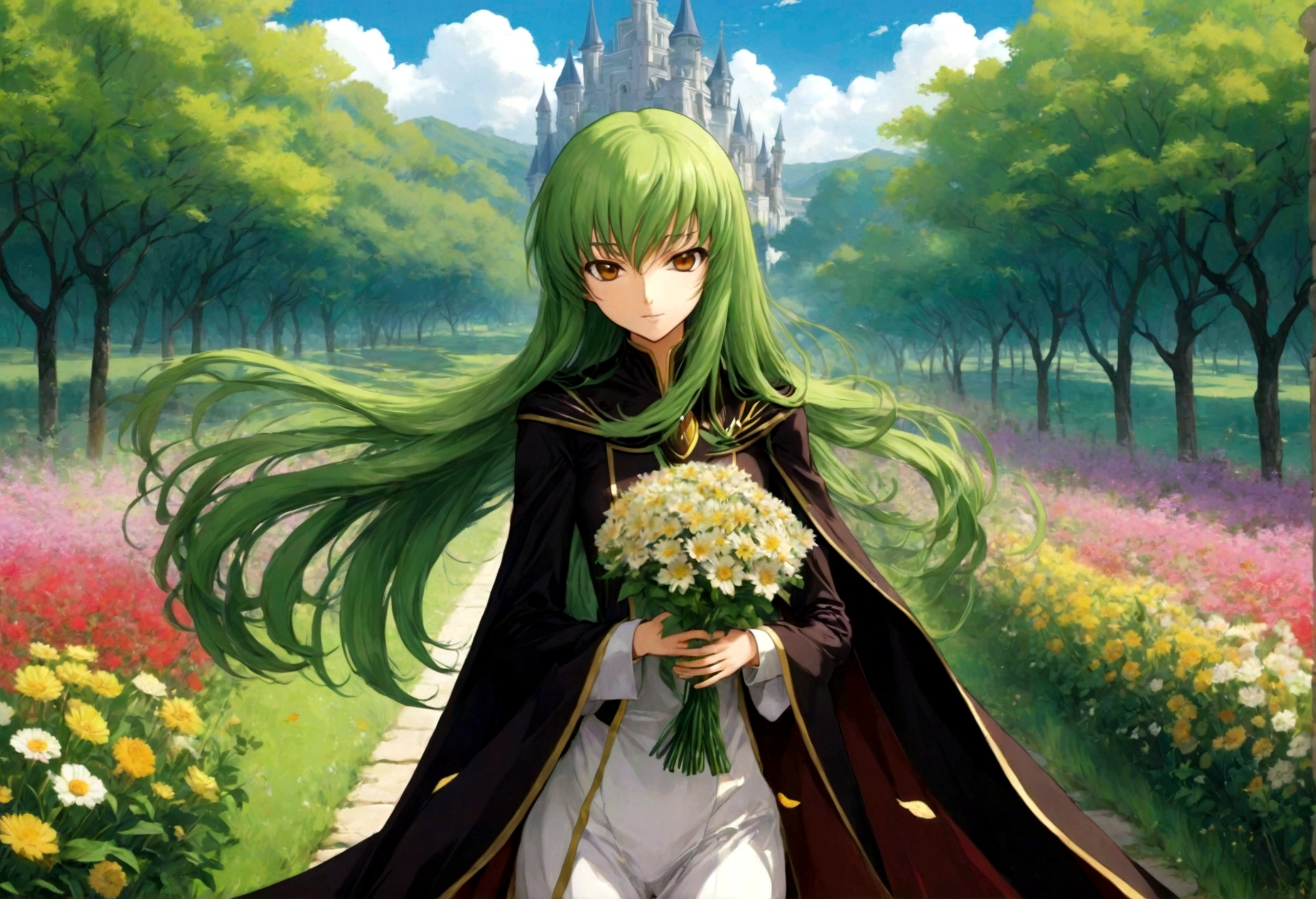 1girl, Code Geass, C.C., "CODE GEASS Lelouch of the Rebellion", solo, (green hair), by Tang Yau Hoong, cc_codegeass, long hair, straight hair, bangs, brown eyes, hair between eyes, suit, cloak, flowers, path, outdoor, seductive smile, looking at viewer, (masterpiece, best quality, Professional, perfect composition, very aesthetic, absurdres, ultra-detailed, intricate details:1.3)