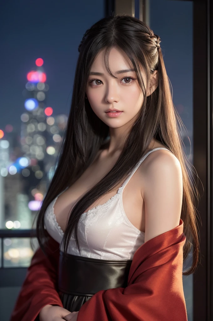 highest quality、8k Masterpiece、超A high resolution、(Photorealistic:1.3)、RAW Photos、1 girl、Silvery white shiny super long hair、Glowing Skin、samurai、Ninja、((Ultra-Realistic Details))、Portrait、Global Illumination、Shadow、Octane Rendering、8k、Super sharp、Beautiful breastetal、Cold colors、、Very intricate details、Realistic Light、CGSoation Trend、Beautiful Eyes、Shining Eyes、To the camera、Neon Details、20age、Too beautiful face、Intelligence、Obscene、sexy、Moe、Rin、whole body、Healthy Body、Manhattan at night in the background、Helipad on a high-rise building、love、Charm、mischievous、未来的な真っ白なbattle服、Wearing a red robe、Japanese sword、Jedi Knight、battle、Overbearing、Realistic photos、Realistic facial features、Super long hair blowing in the wind