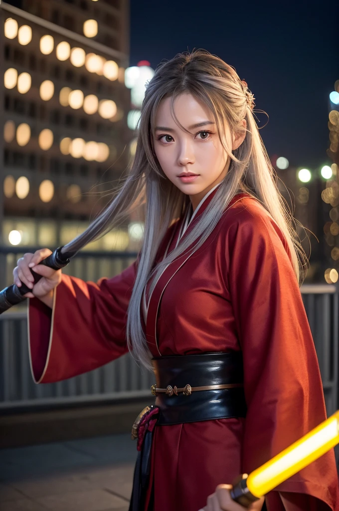 highest quality、8k Masterpiece、超A high resolution、(Photorealistic:1.3)、RAW Photos、1 girl、Silvery white shiny super long hair、Glowing Skin、samurai、Ninja、((Ultra-Realistic Details))、Portrait、Global Illumination、Shadow、Octane Rendering、8k、Super sharp、Beautiful breastetal、Cold colors、、Very intricate details、Realistic Light、CGSoation Trend、Beautiful Eyes、Shining Eyes、To the camera、Neon Details、20age、Too beautiful face、Intelligence、Obscene、sexy、Moe、Rin、whole body、Healthy Body、Manhattan at night in the background、Helipad on a high-rise building、love、Charm、mischievous、未来的な真っ白なbattle服、Wearing a red robe、Japanese sword、Jedi Knight、battle、Overbearing、Realistic photos、Realistic facial features、Super long hair blowing in the wind