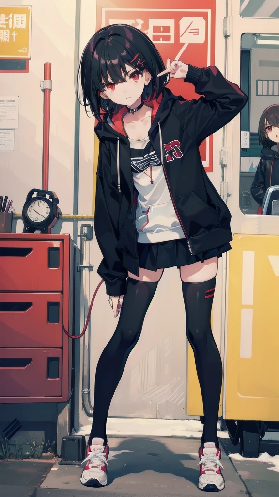 (extremely detailed CG unity 8k wallpaper), (anime), depth of field, (masterpiece:1.2), (best quality), 4K, high details, 1 girl, (long crimson hair), red eyes, black shirt, black jacket, black shorts, semi-translucent tights, black shoes, fingerless gloves