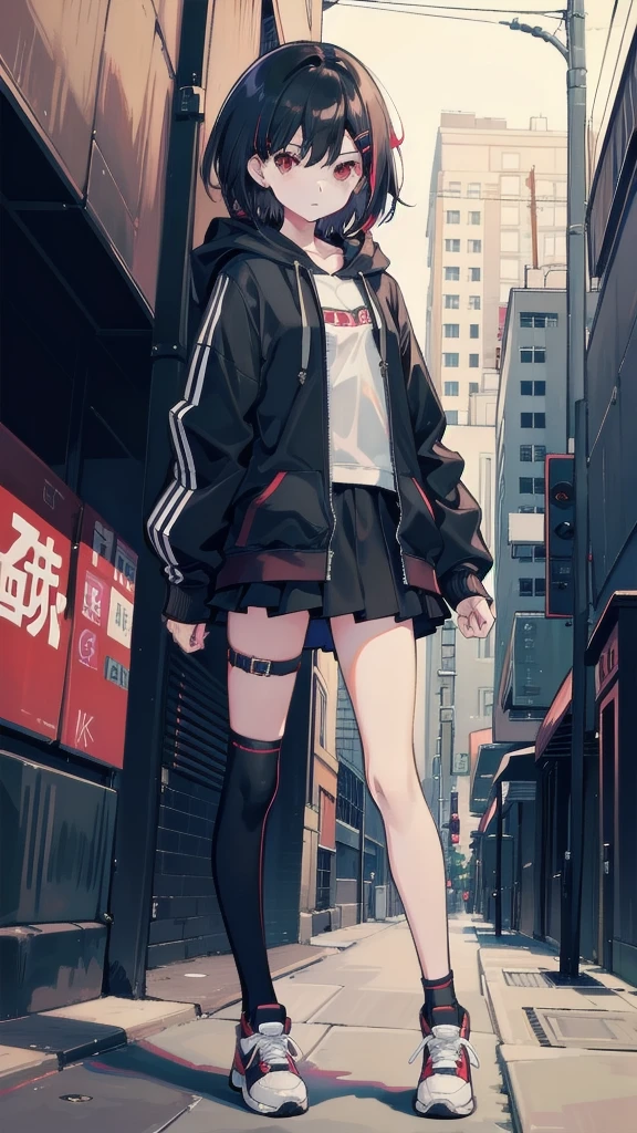 zettai ryouiki, Hoodie,short hair, Black hair, Flat chest, 1girl, Red eyes,teens girl,hair pin,Solo, Morning,full body, highres