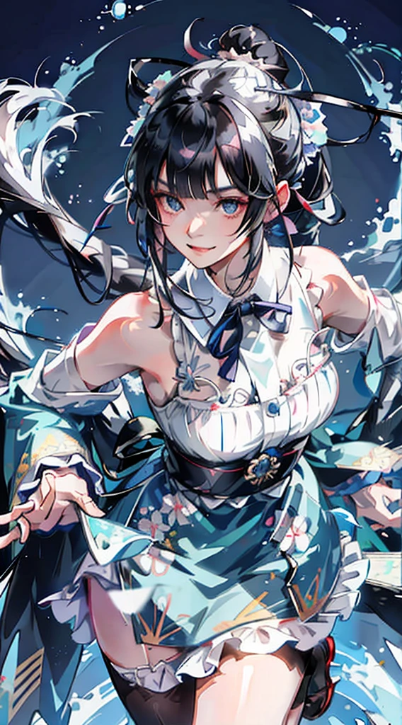 Black hair, bangs, curtained hair, crossed bangs, Messy hair, pony tails, bangs, curtained hair, crossed bangs, Long hair, Messy hair, pony tails, Big hair, side hair bun, hair ear, hair tying, hair flaps, widow peak, head gear, Hair ribbon, kanzashi, hairpods, white hair ribbon, Moles under eyes, Raised eyebrows, eyeball, Evil smile, crazy, Shy, scowling, jitome, gloom (expression), Seductive smile, anime big breast, Minimalism, Anime style, anime big breast, Minimalism, Anime style, angle of view, From above, hyper HD, retinas, Masterpiece, ccurate, Textured skin, Super detail, High quality, High details, Award-Awarded, Best quality, A high resolution, 16k, hyper HD, retinas, Masterpiece, ccurate, Textured skin, Super detail, High quality, High details, Award-Awarded, Best quality, A high resolution, 16k((Light blue long-sleeved kimono))((Undressed kimono))((SakuraFubuki))((Tight clothing))