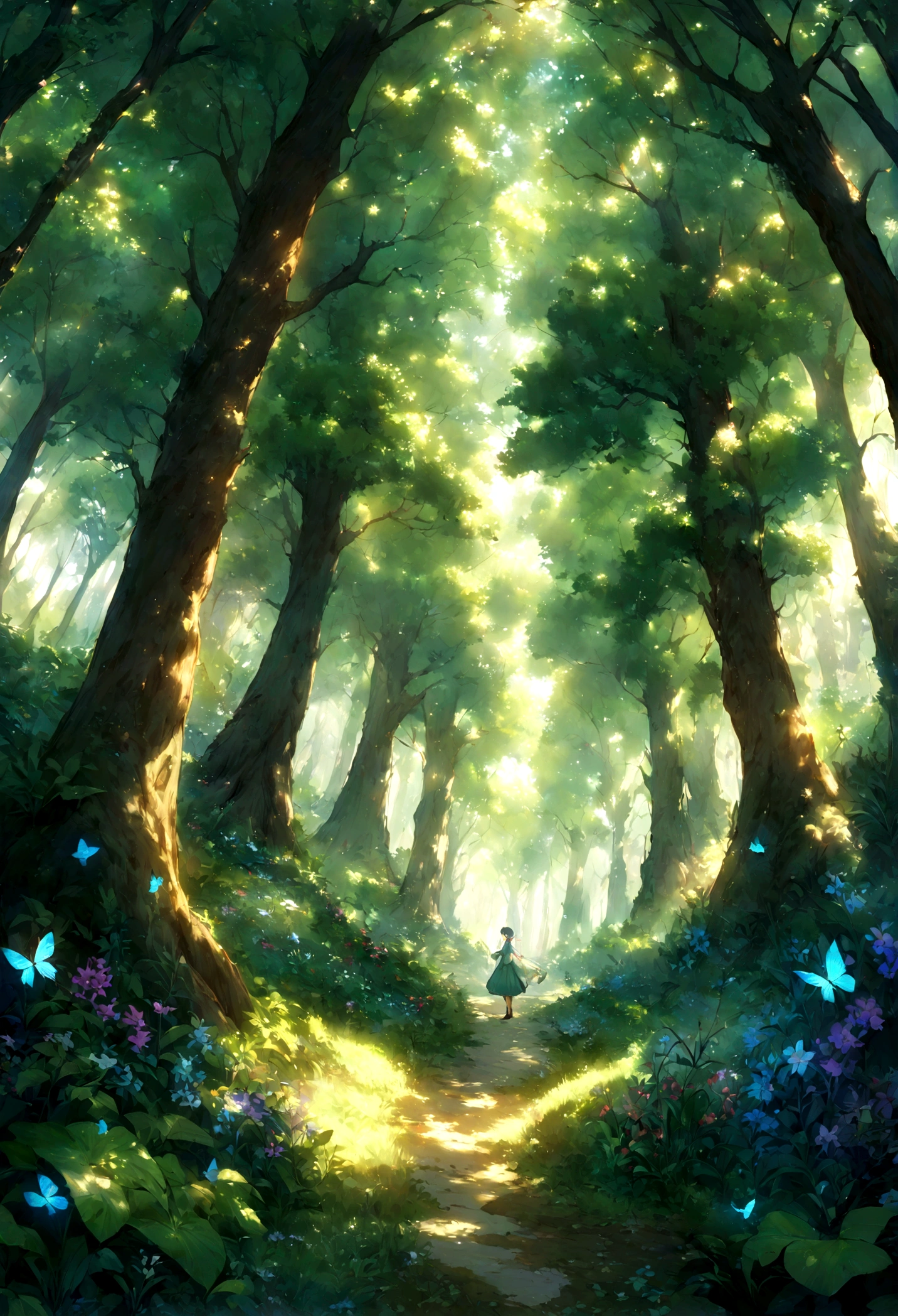 "Generate an image of a tranquil forest glade using a fish-eye perspective. The scene should capture tall trees arching overhead, creating a natural canopy with dappled sunlight filtering through the leaves. Include a small, clear stream winding through the glade, with a variety of flora and fauna like ferns, wildflowers, and butterflies. The fish-eye lens effect should emphasize the height and curvature of the trees, giving a sense of being enveloped by nature. The overall atmosphere should be serene and enchanting."