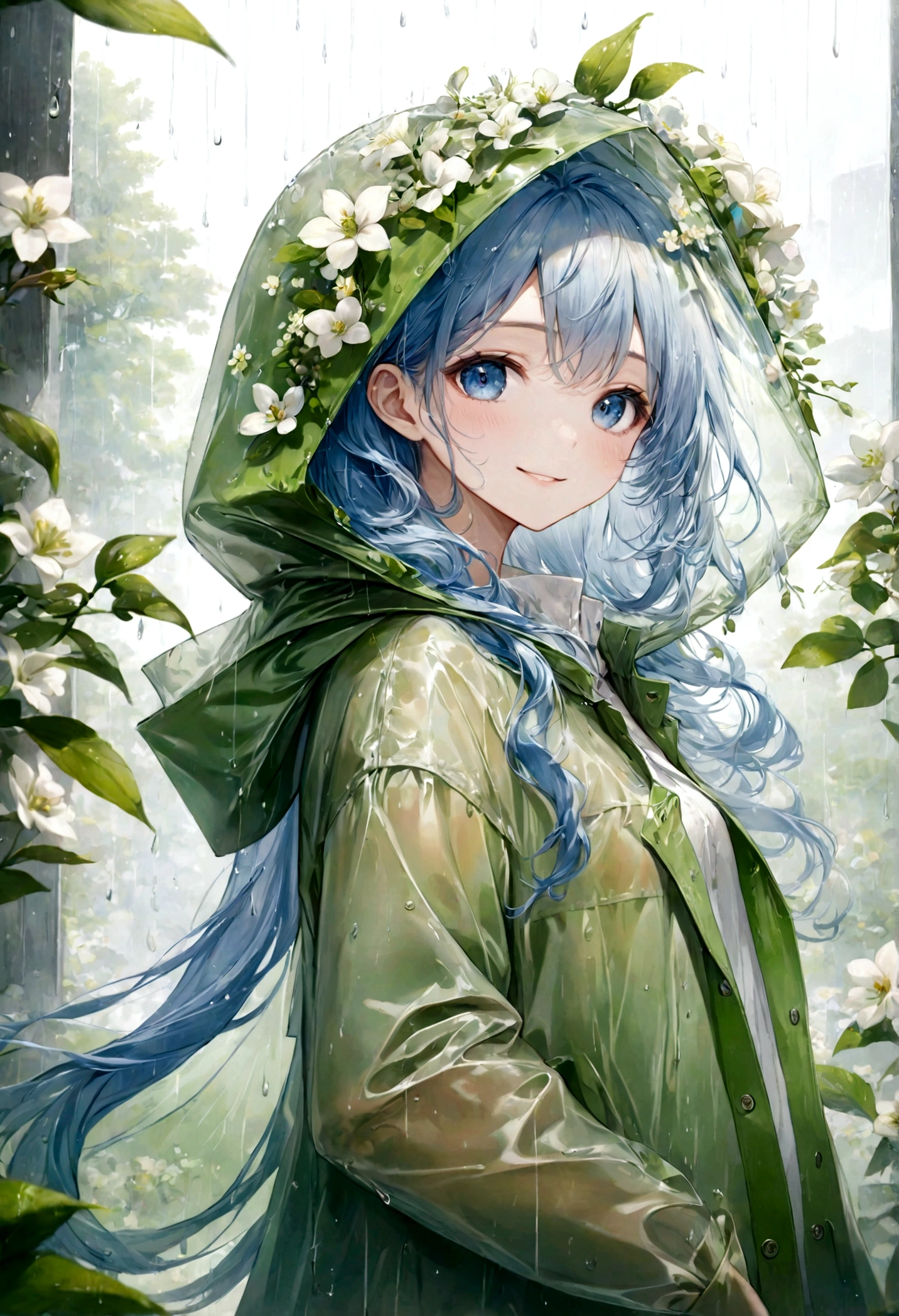 ((top-quality)), ((masterpiece)), ((ultra-detailliert)), (extremely delicate and beautiful), beautiful woman, bright light blue hair, long wavy hair, sapphire blue eyes, wearing a spring green raincoat, raincoat has a hood, raincoat hood is translucent, raincoat hood has embedded leaves, raincoat hood has embedded delicate white flowers, raincoat is sheer, hair is within the hood, graceful smile, sweet smile, relaxed expression, fair complexion, rainy spring background