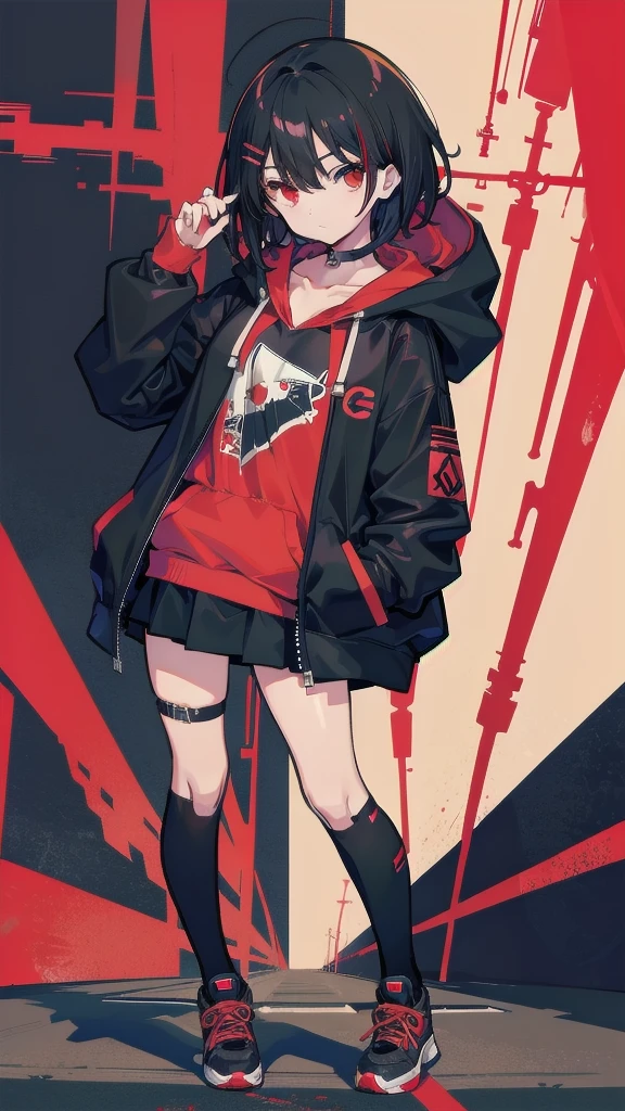 zettai ryouiki, Hoodie,short hair, Black hair, Flat chest, 1girl, Red eyes,s girl,hair pin,Solo, Morning,full body, highres