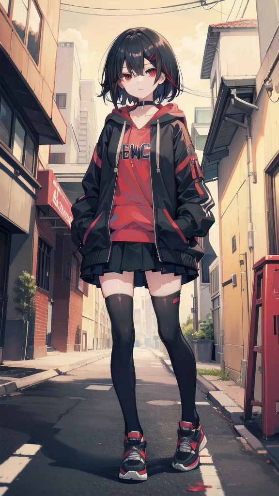 zettai ryouiki, Hoodie,short hair, Black hair, Flat chest, 1girl, Red eyes,teens girl,hair pin,Solo, Morning,full body, highres
