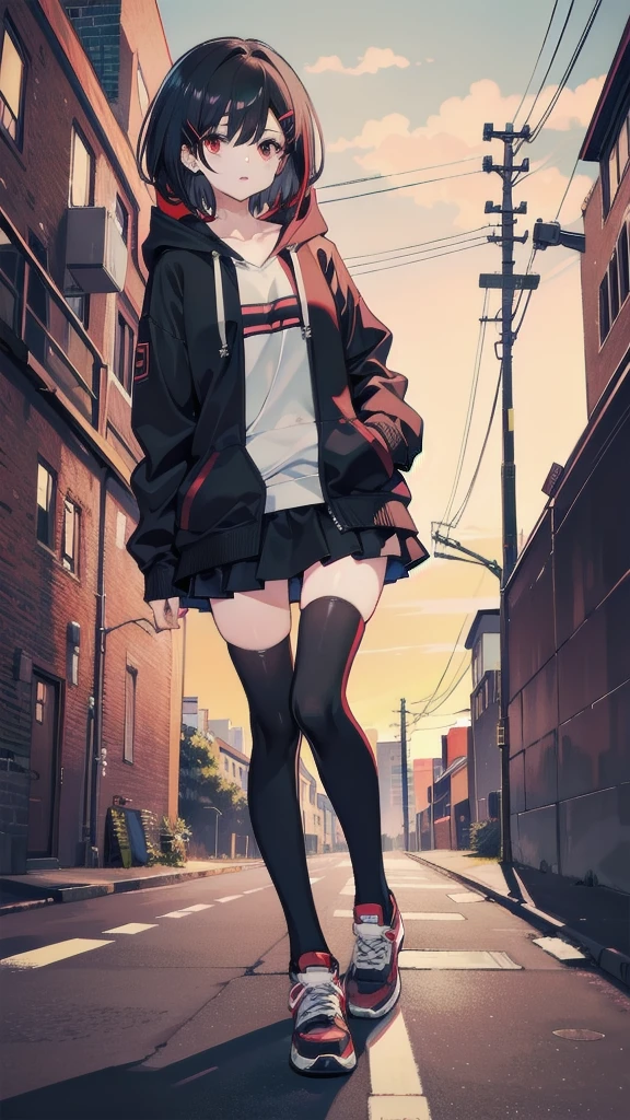 zettai ryouiki, Hoodie,short hair, Black hair, Flat chest, 1girl, Red eyes,teens girl,hair pin,Solo, Morning,full body, highres,blue sky,City,Sit down