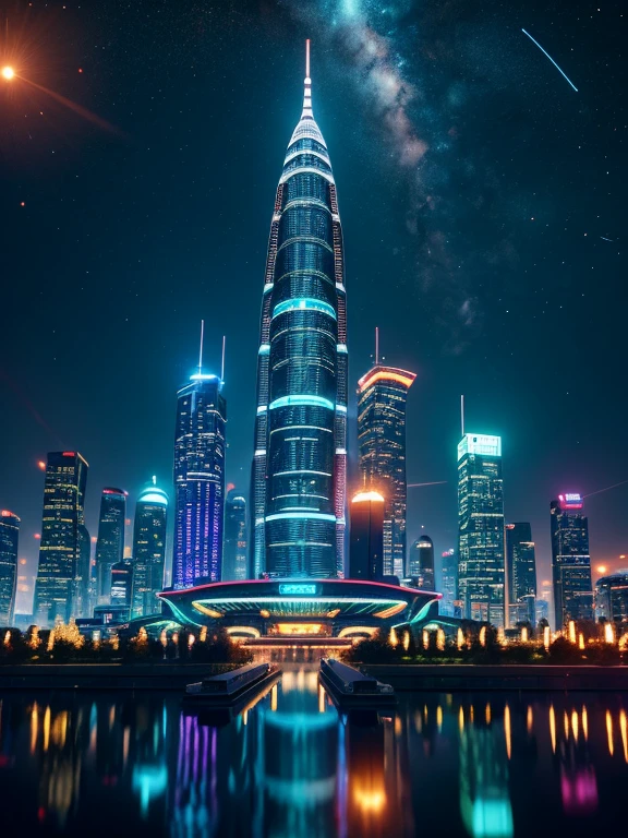 In this futuristic image of a city at night,We were taken into a city full of technology and innovation。Tall skyscrapers glow with neon lights in the night sky,Forming a series of colorful lines。The facades of these buildings are covered with reflective materials,Reflects surrounding lights,Create a futuristic atmosphere。 On the streets of the city,Driverless cars and aircraft fly by,They leave colorful trails in the night sky。These vehicles are made of smooth metal and transparent materials,It gives a sense of technology and the future。People wear fashionable clothing,Wearing smart glasses and bracelet,Integrate with technology。 The center of the city is a huge,There is a huge water screen projection on,Displays a variety of gorgeous images and animations。People surround the water curtain projection,Admire the art works and technology displayorming a unique interactive experience。surrounded by a green belt,Planting plants of the future,These plants emit faint fluorescence,Adding a touch of vitality and natural flavor to the city。 In the distance of the picture,We can see a huge spaceport,The spaceship is taking off,Carrying people to unknown areas of the universe。The spaceport’s architectural design is unique,Full of curves and streamlined elements,It gives a sense of futuristic technology。 The whole picture is full of a sense of technology and the future,Showing a future city full of innovation and imagination。This painting is rich in detail,vibrant with colorull of imagination and creativity,It makes people feel like they are in a future world full of technological wonders, (Cyberpunk night view, ultra - detailed, intricately details, deep colour, 8K resolution, realisticlying, tmasterpiece, cinmatic lighting, bokeh, Unreal Engine 5, rendering by octane, movie smoothing)