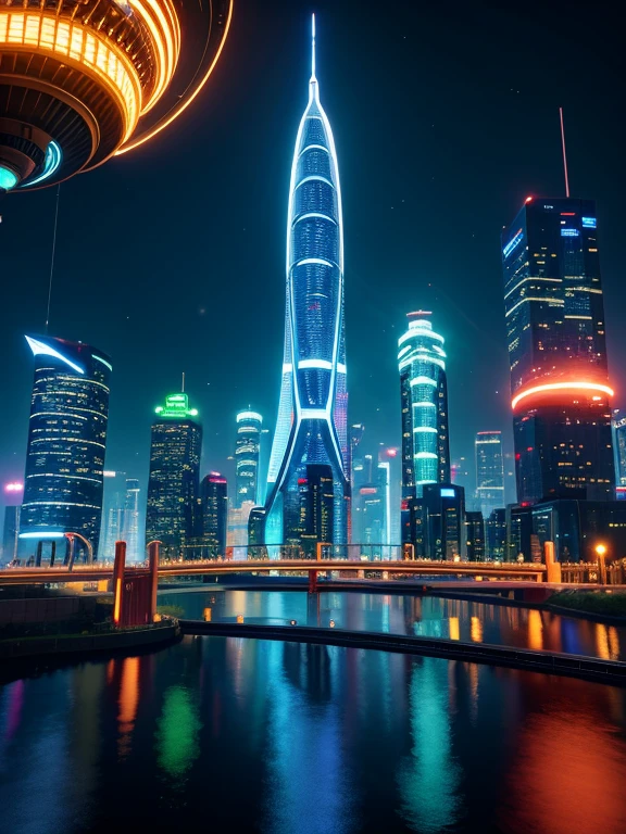 In this futuristic image of a city at night,We were taken into a city full of technology and innovation。Tall skyscrapers glow with neon lights in the night sky,Forming a series of colorful lines。The facades of these buildings are covered with reflective materials,Reflects surrounding lights,Create a futuristic atmosphere。 On the streets of the city,Driverless cars and aircraft fly by,They leave colorful trails in the night sky。These vehicles are made of smooth metal and transparent materials,It gives a sense of technology and the future。People wear fashionable clothing,Wearing smart glasses and bracelet,Integrate with technology。 The center of the city is a huge,There is a huge water screen projection on,Displays a variety of gorgeous images and animations。People surround the water curtain projection,Admire the art works and technology displayorming a unique interactive experience。surrounded by a green belt,Planting plants of the future,These plants emit faint fluorescence,Adding a touch of vitality and natural flavor to the city。 In the distance of the picture,We can see a huge spaceport,The spaceship is taking off,Carrying people to unknown areas of the universe。The spaceport’s architectural design is unique,Full of curves and streamlined elements,It gives a sense of futuristic technology。 The whole picture is full of a sense of technology and the future,Showing a future city full of innovation and imagination。This painting is rich in detail,vibrant with colorull of imagination and creativity,It makes people feel like they are in a future world full of technological wonders, (Cyberpunk night view, ultra - detailed, intricately details, deep colour, 8K resolution, realisticlying, tmasterpiece, cinmatic lighting, bokeh, Unreal Engine 5, rendering by octane, movie smoothing)