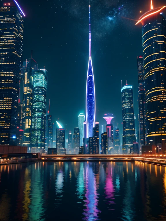 In this futuristic image of a city at night，We were taken into a city full of technology and innovation。Tall skyscrapers glow with neon lights in the night sky，Forming a series of colorful lines。The facades of these buildings are covered with reflective materials，Reflects surrounding lights，Create a futuristic atmosphere。 On the streets of the city，Driverless cars and aircraft fly by，They leave colorful trails in the night sky。These vehicles are made of smooth metal and transparent materials，It gives a sense of technology and the future。People wear fashionable clothing，Wearing smart glasses and bracelet，Integrate with technology。 The center of the city is a huge，There is a huge water screen projection on，Displays a variety of gorgeous images and animations。People surround the water curtain projection，Admire the art works and technology displayorming a unique interactive experience。surrounded by a green belt，Planting plants of the future，These plants emit faint fluorescence，Adding a touch of vitality and natural flavor to the city。 In the distance of the picture，We can see a huge spaceport，The spaceship is taking off，Carrying people to unknown areas of the universe。The spaceport’s architectural design is unique，Full of curves and streamlined elements，It gives a sense of futuristic technology。 The whole picture is full of a sense of technology and the future，Showing a future city full of innovation and imagination。This painting is rich in detail，vibrant with colorull of imagination and creativity，It makes people feel like they are in a future world full of technological wonders， (Cyberpunk night view， ultra - detailed， intricately details， deep colour， 8K resolution， realisticlying， tmasterpiece， cinmatic lighting， bokeh， Unreal Engine 5， rendering by octane， movie smoothing)