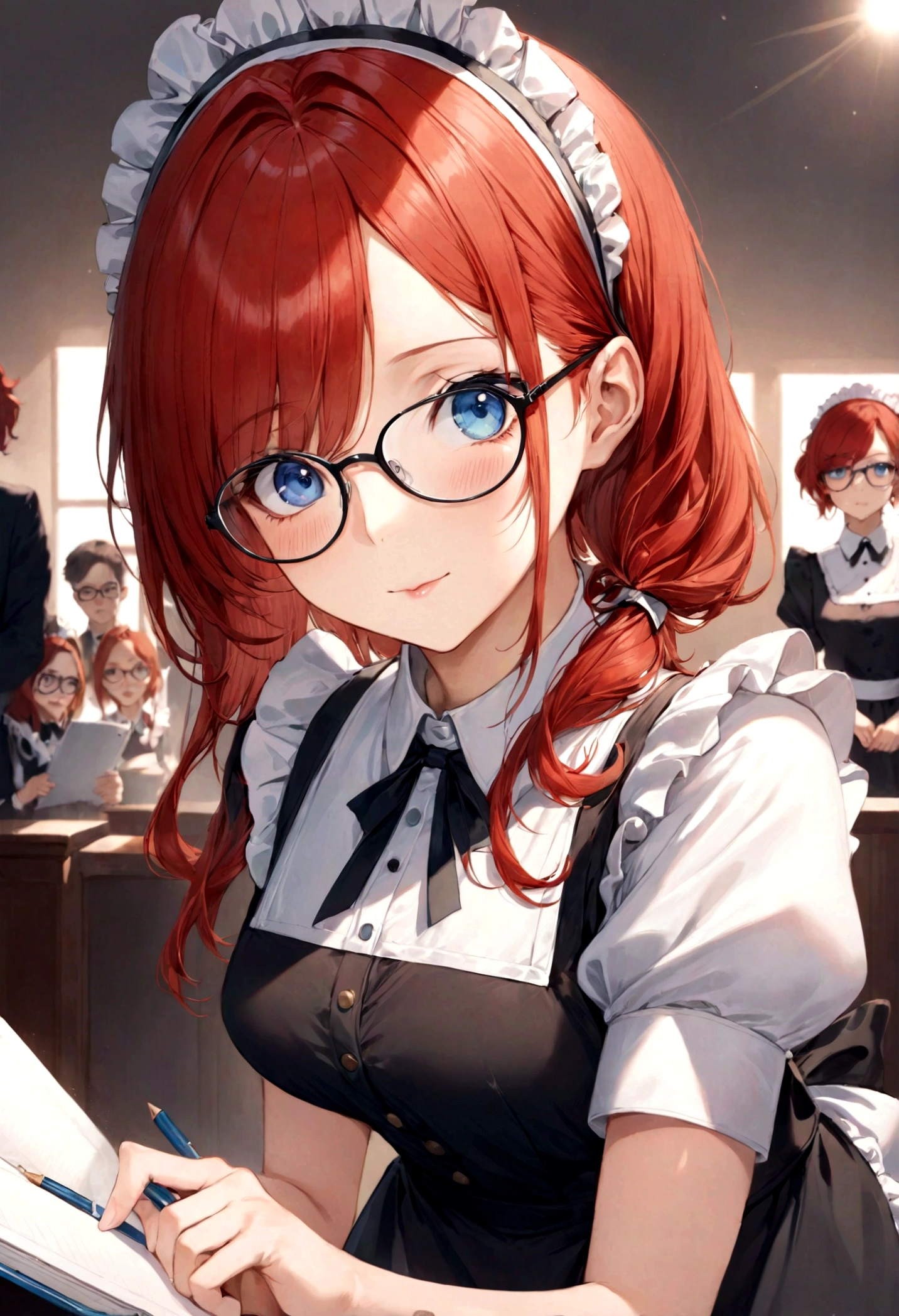 make a beautiful woman with red hair, blue eyes and glasses dressed as a maid scrolling through a notebook and looking at the audience and giving a sensual wink
