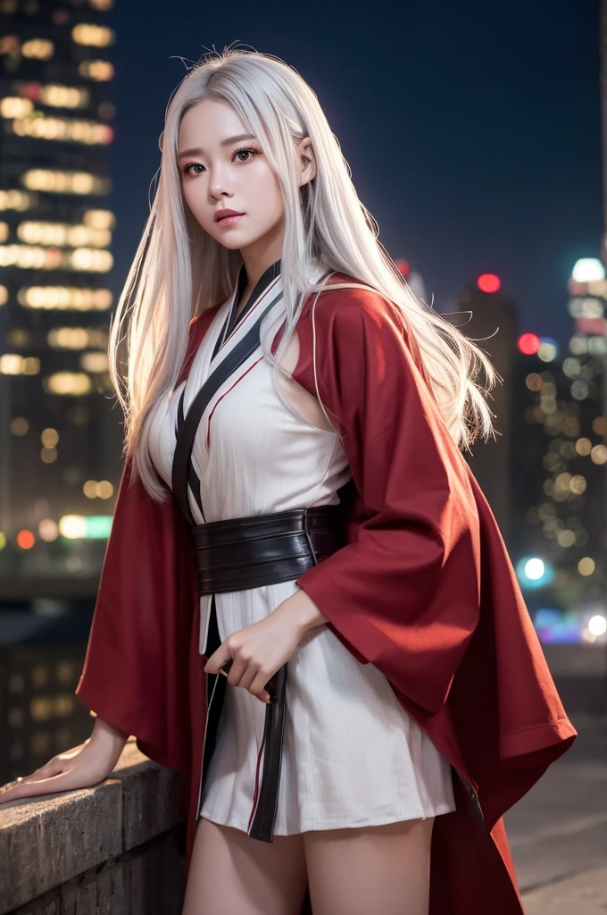 highest quality、8k Masterpiece、超A high resolution、(Photorealistic:1.3)、RAW Photos、1 girl、Silvery white shiny super long hair、Glowing Skin、samurai、Ninja、((Ultra-Realistic Details))、Portrait、Global Illumination、Shadow、Octane Rendering、8k、Super sharp、Beautiful breastetal、Cold colors、、Very intricate details、Realistic Light、CGSoation Trend、Beautiful Eyes、Shining Eyes、To the camera、Neon Details、20age、Too beautiful face、Intelligence、Obscene、sexy、Moe、Rin、whole body、Healthy Body、Manhattan at night in the background、Helipad on a high-rise building、love、Charm、mischievous、Future、白いbattle服、Wearing a red robe、Short knife、Jedi Knight、battle、Overbearing、Realistic photos、Realistic facial features、Super long silvery white hair fluttering in the wind、Wearing black boots、