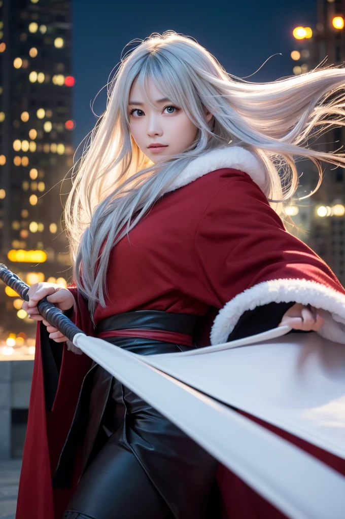 highest quality、8k Masterpiece、超A high resolution、(Photorealistic:1.3)、RAW Photos、1 girl、Silvery white shiny super long hair、Glowing Skin、samurai、Ninja、((Ultra-Realistic Details))、Portrait、Global Illumination、Shadow、Octane Rendering、8k、Super sharp、Beautiful breastetal、Cold colors、、Very intricate details、Realistic Light、CGSoation Trend、Beautiful Eyes、Shining Eyes、To the camera、Neon Details、20age、Too beautiful face、Intelligence、Obscene、sexy、Moe、Rin、whole body、Healthy Body、Manhattan at night in the background、Helipad on a high-rise building、love、Charm、mischievous、Future、白いbattle服、Wearing a red robe、Short knife、Jedi Knight、battle、Overbearing、Realistic photos、Realistic facial features、Super long silvery white hair fluttering in the wind、Wearing black boots、