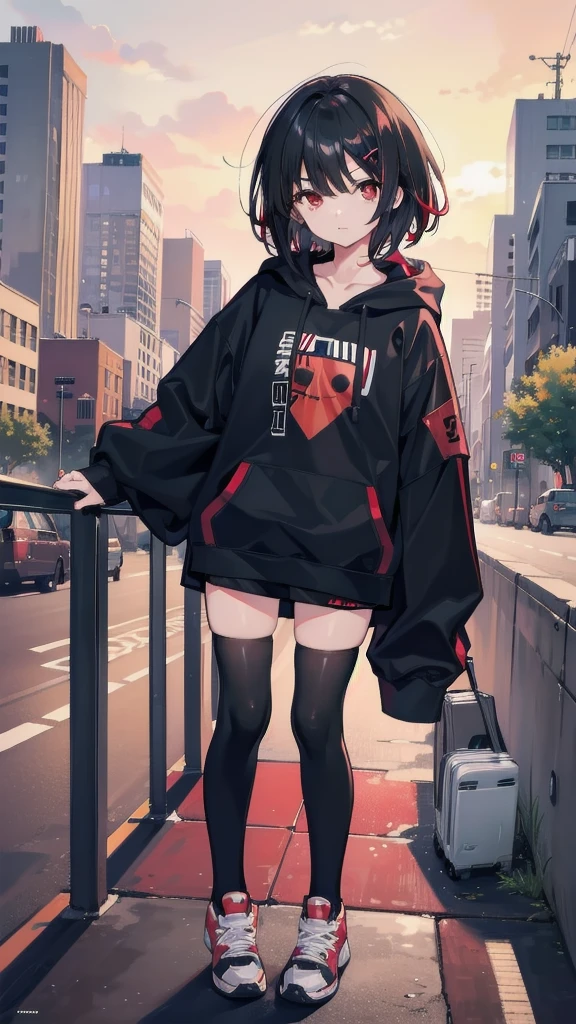 zettai ryouiki, Hoodie,short hair, Black hair, Flat chest, 1girl, Red eyes,teens girl,hair pin,Solo, Morning,full body, highres