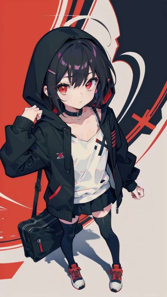 zettai ryouiki, Hoodie,short hair, Black hair, Flat chest, 1girl, Red eyes,teens girl,hair pin,Solo, Morning,full body, highres
