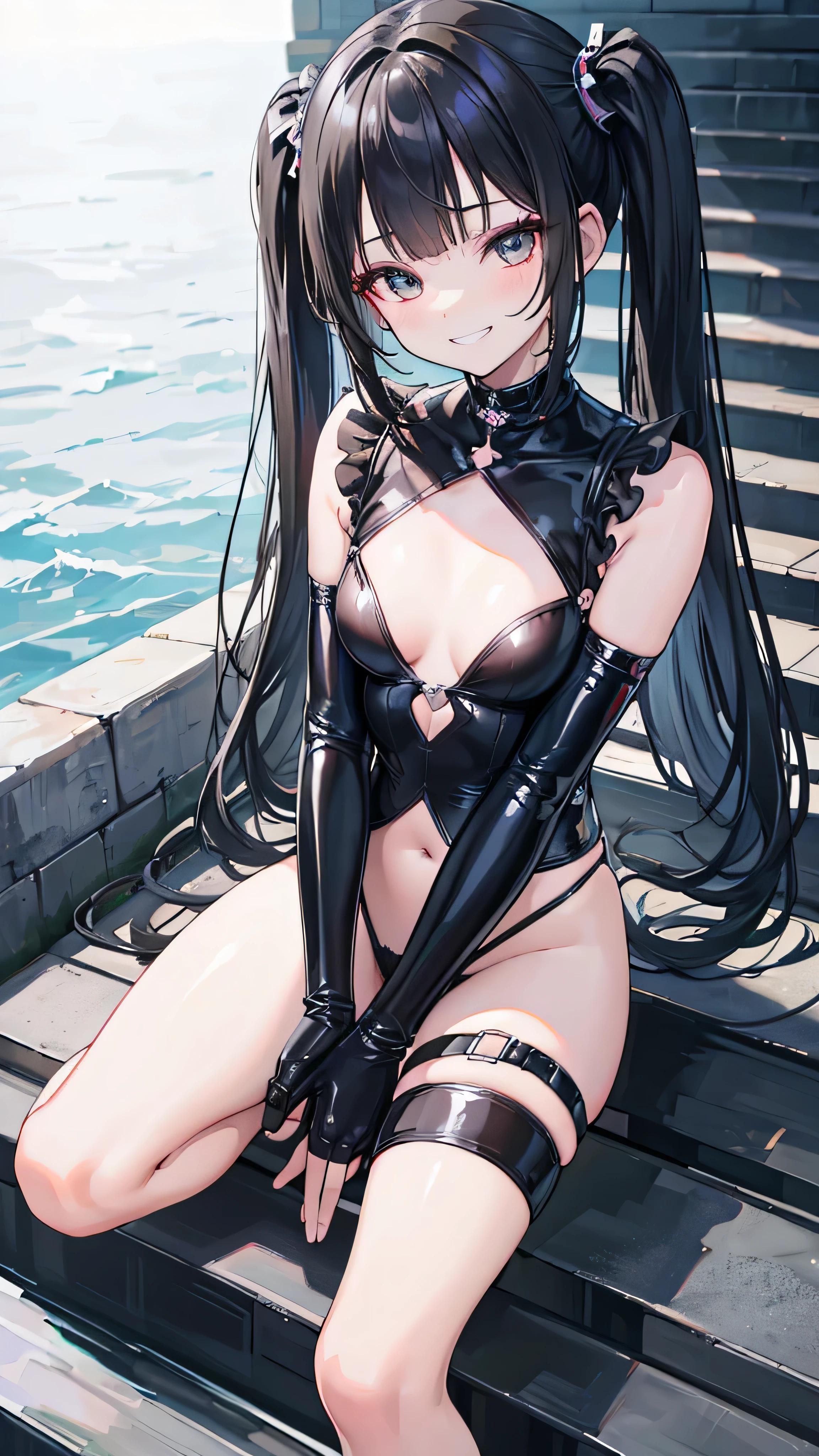 (8k、Best image quality、highest quality、masterpiece)、Detailed face、1 girl、Black Hair、Long Hair、Twin tails、Blunt bangs、Bright Eyes、Wicked Smile、((Grin))、Small breasts、、((Raise your knees))、Sit on the stairs、Shoot from below、urban background latex,elbow gloves,