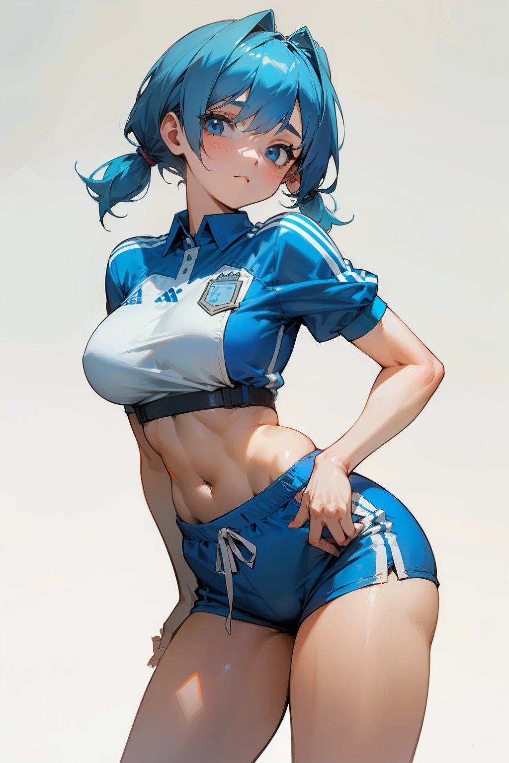 Girl, wearing Argentina national team kit, short blue hair, pigtails , Big breasts, exposed stomach, short shorts