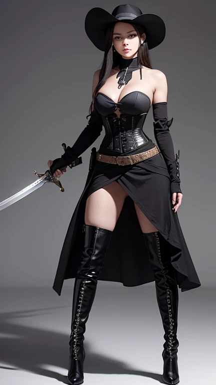 female assassin with,Woman wearing a hat,Wearing a black corset,She is wearing a white, elegant, revealing dress.,Wearing black pants,Wearing long black boots,Belt around the waist,Holding a sword,Wearing frills around her waist