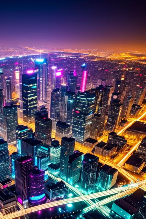 city illuminated with lots of lights and futuristic with a cyberpunk look