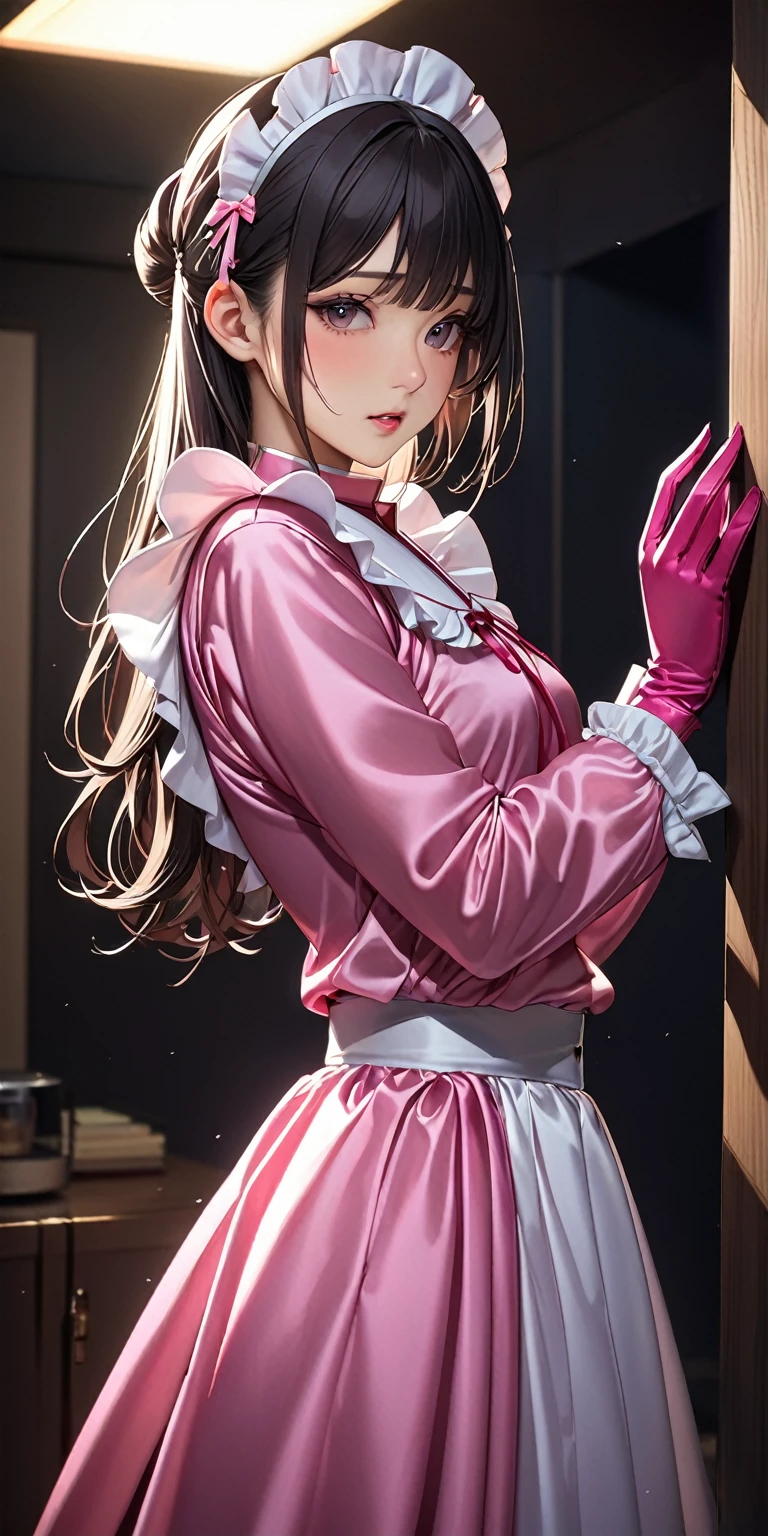 (masterpiece,highest quality,超A high resolution),Japanese women, (((Very beautiful 25 year old girl))),(Pink Satin Maid Clothes)、Pink satin long skirt、Pink satin long sleeve shirt that fits snugly against the upper body、Pink satin long gloves、The clothes fit snugly to the body、Satin is very shiny.、Dark Room