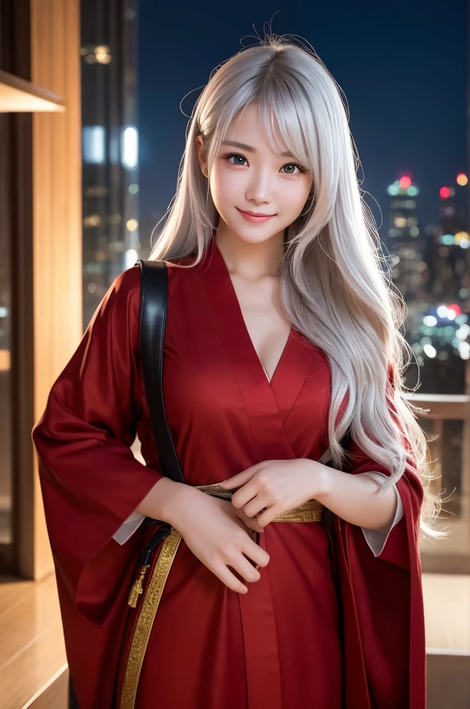 highest quality、8k Masterpiece、超A high resolution、(Photorealistic:1.3)、RAW Photos、1 girl、Long, shiny silver-white hair、Glowing Skin、samurai、Ninja、((Ultra-Realistic Details))、Portrait、Global Illumination、Shadow、Octane Rendering、8k、Super sharp、Beautiful breasts、Metal、Cold colors、、Very intricate details、Realistic Light、CGSoation Trend、Beautiful Eyes、Shining Eyes、To the camera、Neon Details、20age、Too beautiful face、Intelligence、Obscene、sexy、Moe、Rin、whole body、Healthy Body、Manhattan at night in the background、Helipad on a high-rise building、love、Charm、mischievous、未来的な真っ白なbattle服、Wearing a red robe、Japanese sword、Jedi Knight、battle、Overbearing、
