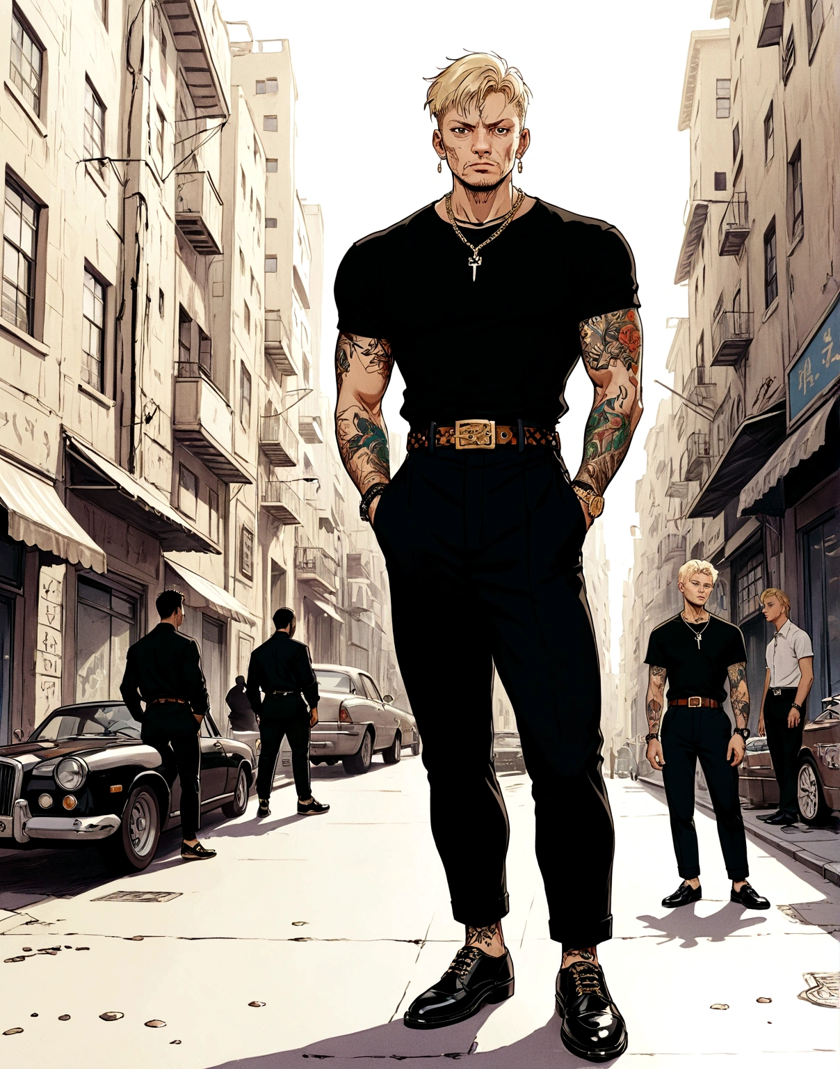 male、solo、short hair、Blonde、Short sleeve shirt、Black clothes、Buckle Belt、Black trousers、thorny shoeuscular、Tattoo、Frowning、Gold Necklace、Luxury Watches、Color Correction