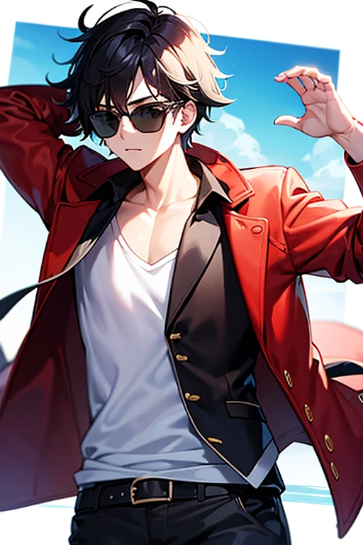 boy with black sunglasses with blue shorts white shirt and red jacket and messy hair
