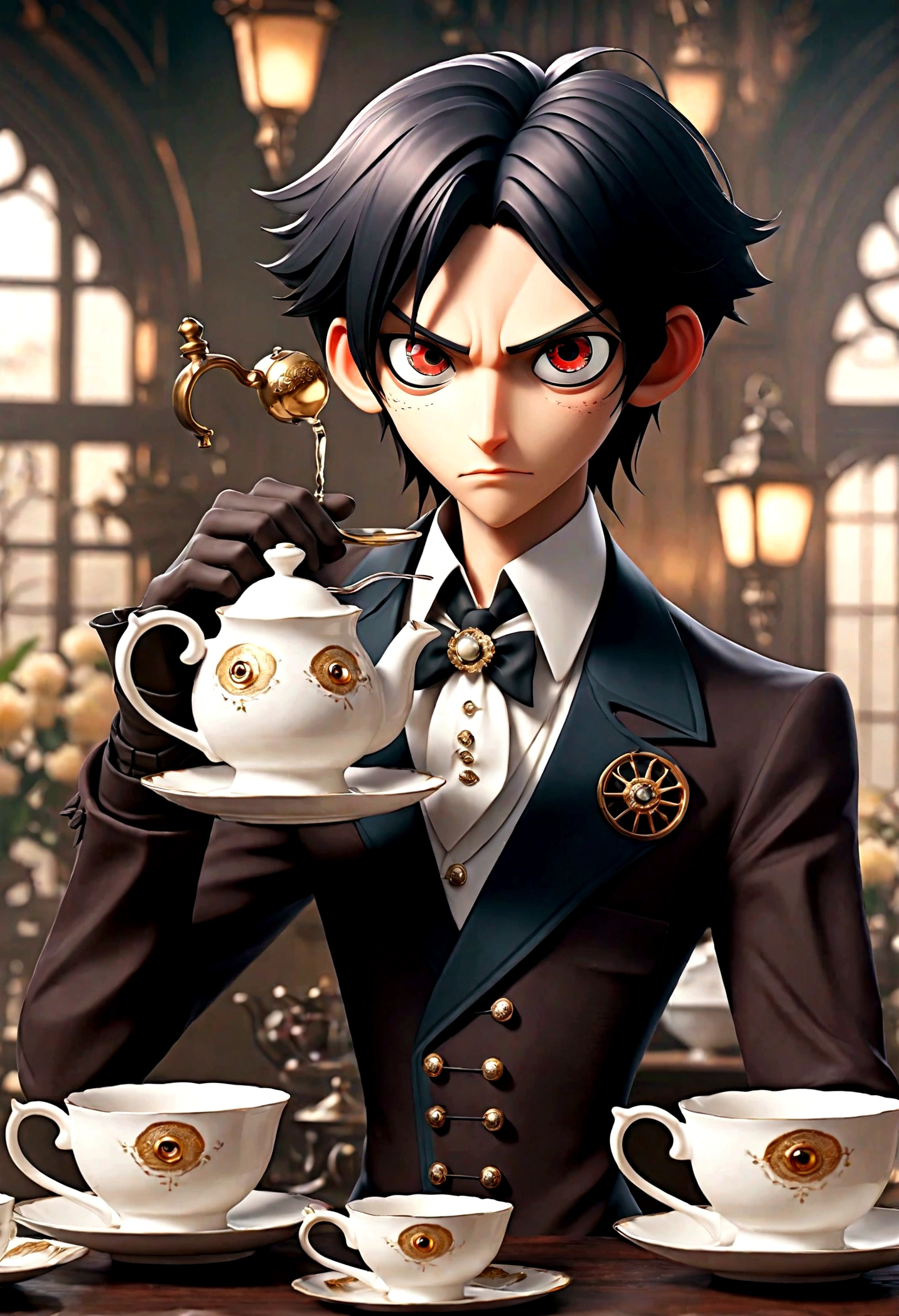 1boy, Sebastian Michaelis, Black Butler, black hair, red eyes, a handsome butler serving tea, intricate, elegant . detailed matte painting, deep color, fantastical, intricate detail, splash screen, complementary colors, fantasy concept art, 8k resolution trending on Artstation Unreal Engine 5, masterpiece, best quality, very aesthetic, absurdres