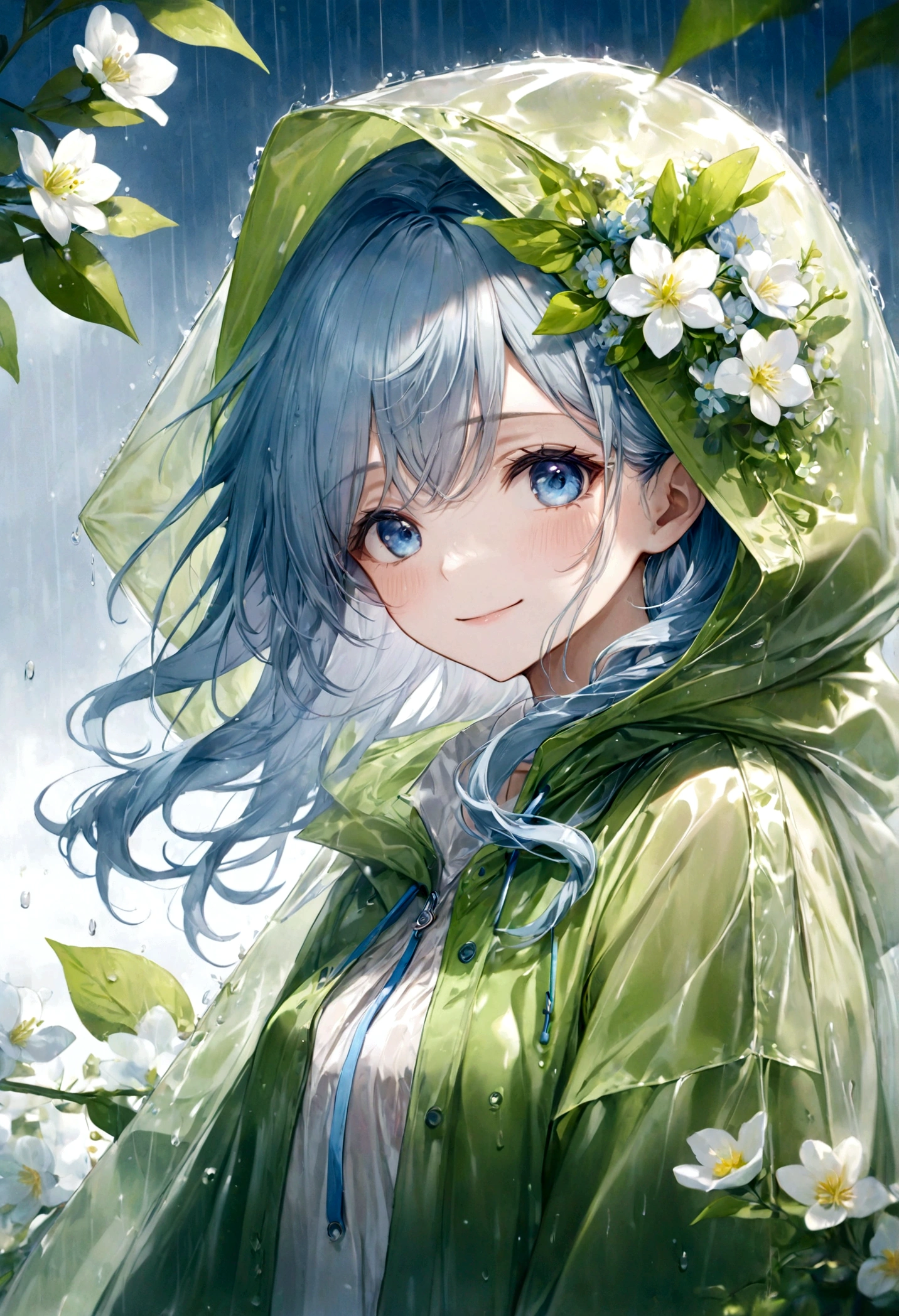 ((top-quality)), ((masterpiece)), ((ultra-detailliert)), (extremely delicate and beautiful), beautiful woman, bright light blue hair, long wavy hair, sapphire blue eyes, wearing a spring green raincoat, raincoat has a hood, raincoat hood is translucent, raincoat hood has embedded leaves, raincoat hood has embedded delicate white flowers, raincoat is sheer, hair is within the hood, graceful smile, sweet smile, relaxed expression, fair complexion, rainy spring background
