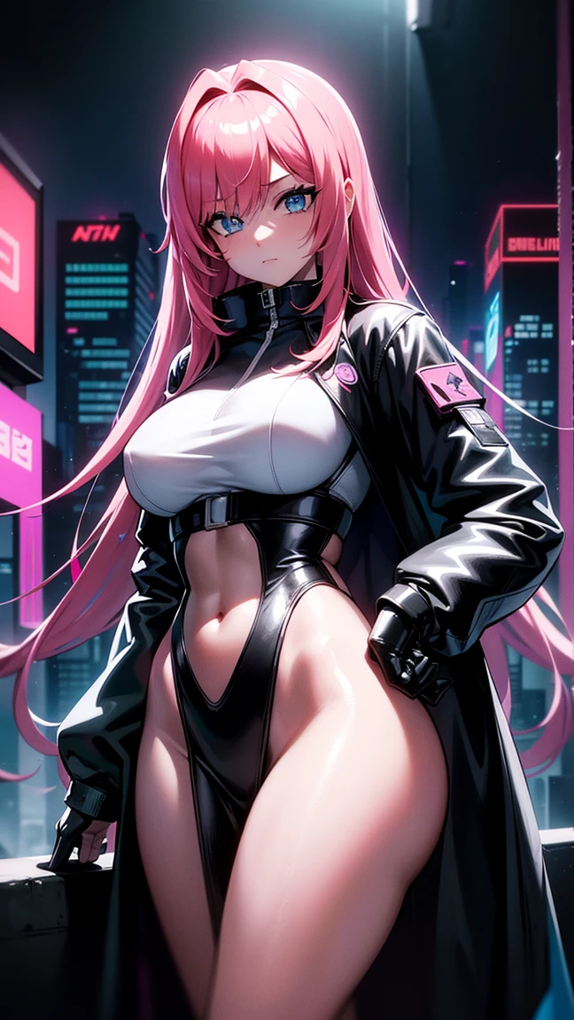 Stunning high-resolution anime artwork featuring a cool and stylish cyberpunk character. The scene shows a cute girl from the side with long pink hair that contrasts sharply with her bright blue butterfly companion. She is without clothes (Totally naked), emphasizing the golden ratio of her physique. Her demeanor is gentle but exudes confidence, embodying the essence of an elite agent in a cyberpunk world. The background is intricately detailed with futuristic cityscapes, neon lights reflected on metallic surfaces and vanishing points that draw the viewer's gaze deep into the urban labyrinth. The entire composition is meticulously enhanced for the best quality, perfectly capturing every detail, creating a visually stunning and artistically brilliant image.